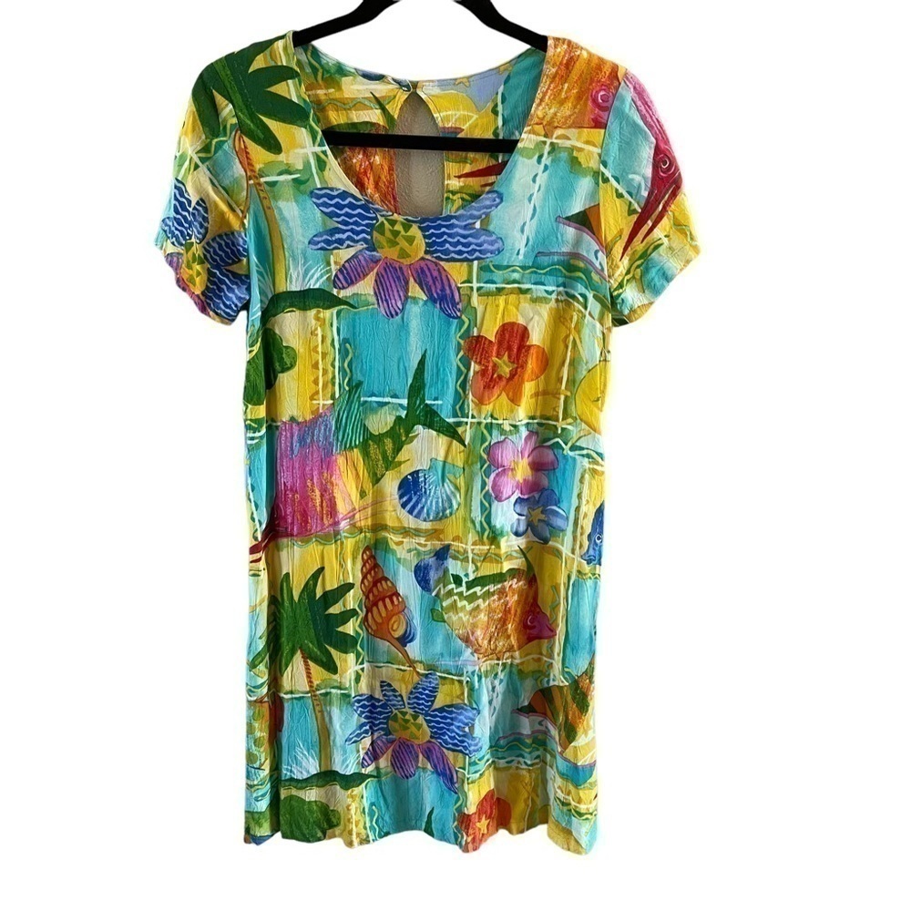 JAMS WORLD Sunnyvale Floral Fish Y2K Vacation Keyhole Tropical Print Dress small